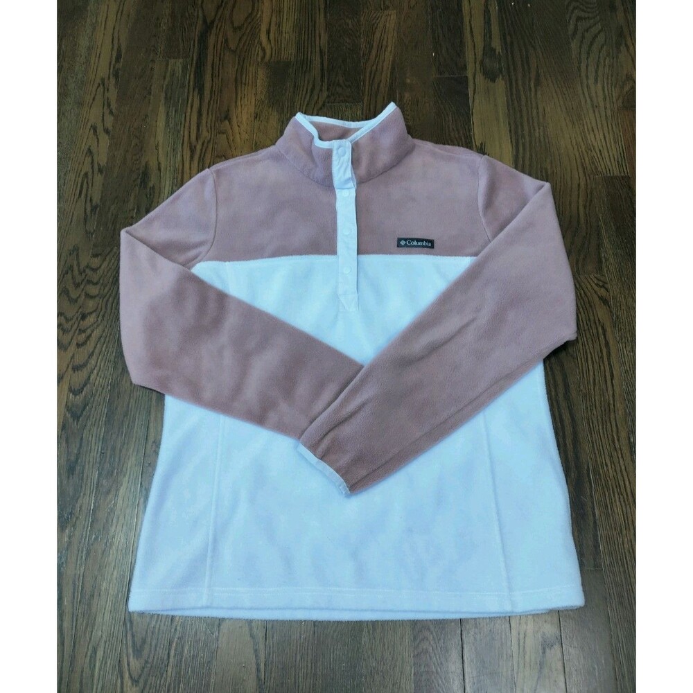 Columbia Fleece Top Women's L Pink Light Blue Long Sleeve Pullover Mock Neck EUC